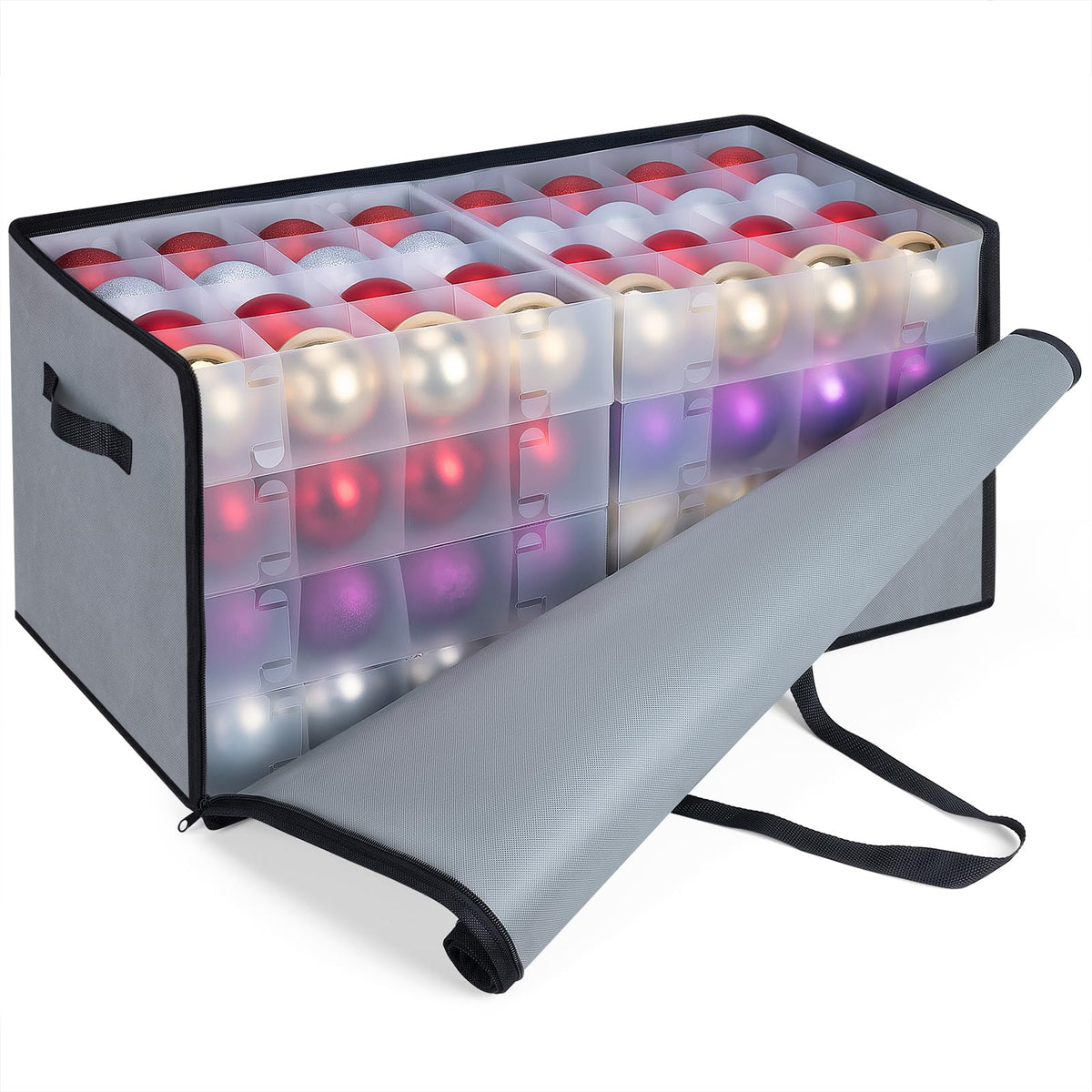 Baleine Ornament Storage Bin with Dividers, Holds 128 Balls, Grey Soft