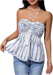 Women's Y2K Boho Floral Halter Top Tie Backless Ruched Ruffle Going Out Tops