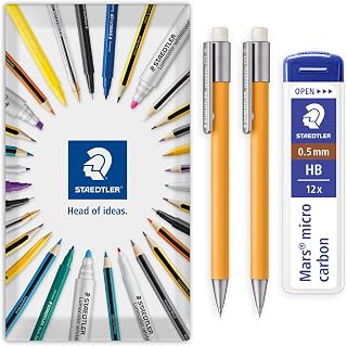 STAEDTLER 2x Orange Graphite 777 Mechanical Pencils & 0.5mm HB Leads | Refillable, for Writing, Sketching, Technical Drawing & Office Use