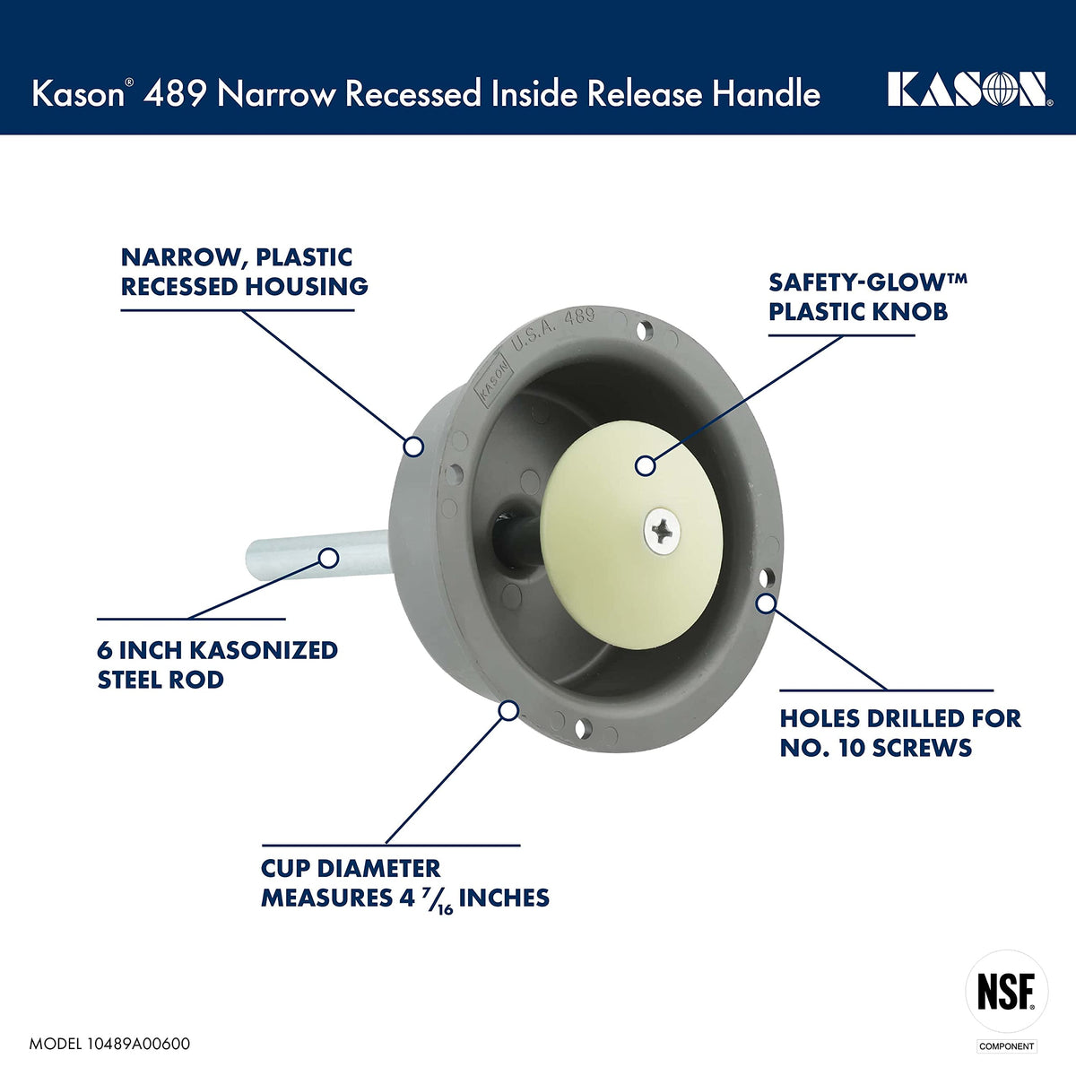 Narrow Recessed Inside Release Handle (10489A00600) by Kason – 10489A00600, Plastic, Gray