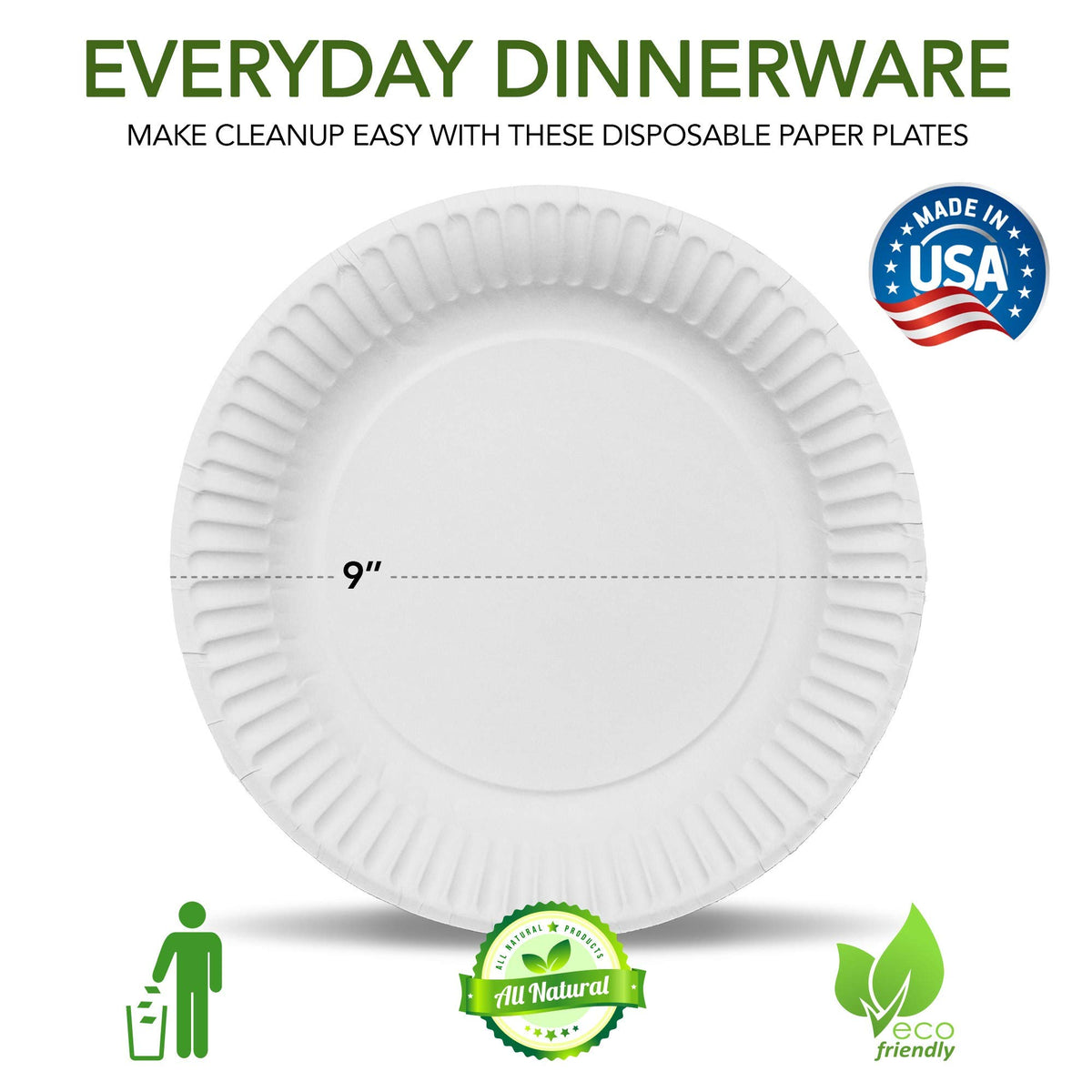 9-Inch Paper Plates Uncoated by Stock Your Home – 500 Count (Pack of 1), Paper, White, Pack of 500, Model 1268