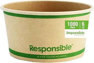 Responsible Products 6 oz Paper Food Containers, Tree-Less™ Compostable Food Containers, Extra Strength, Tree-Free and Made Without PFAS, Natural Brown (1000 Count)