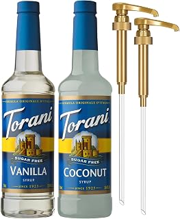 Torani Sugar Free Coconut Syrup and Sugar Free Vanilla Syrup Variety 2-Pack, Coffee Syrups for Drinks, Pumps Included, 25.4 Fl Oz Ea