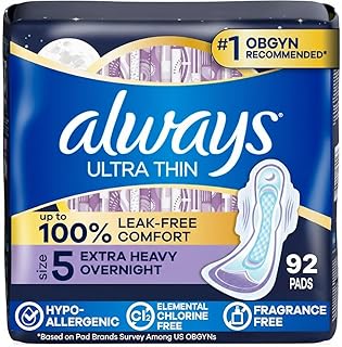 Always Ultra Thin Overnight Pads, Size 5, Extra Heavy Overnight, Unscented, 92 Count (2 Packs of 46)