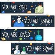 Chunful 4 Pcs Outer Space Classroom Decoration Astronaut Galaxy Adventure | Hanging Wooden Sign, Planet Solar System Wall Decor, Spaceman Inspirational Posters, for Room Bedroom Nursery