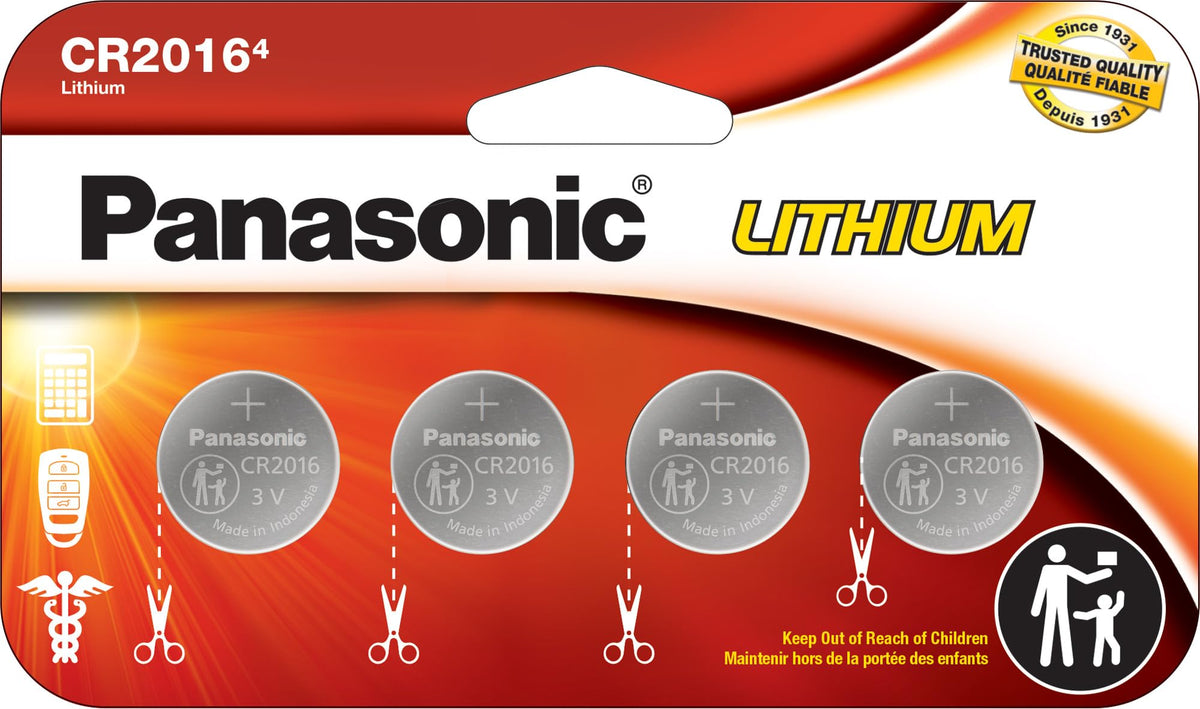 CR2016 3.0 Volt Long Lasting Lithium Coin Cell Batteries in Child Resistant by Panasonic – 4 Count (Pack of 1), Pack of 4, Model CR2016PA/4BW