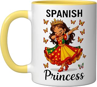 Spanish Princess Dabbing Girl Butterflies Fiesta Ceramic Mug, Yellow/White, 11oz