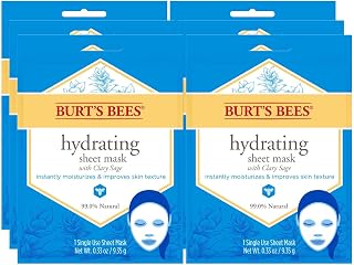 Burt's Bees Hydrating Face Mask with Clary Sage, Single Use Sheet Mask, 6 Count (Package May Vary)