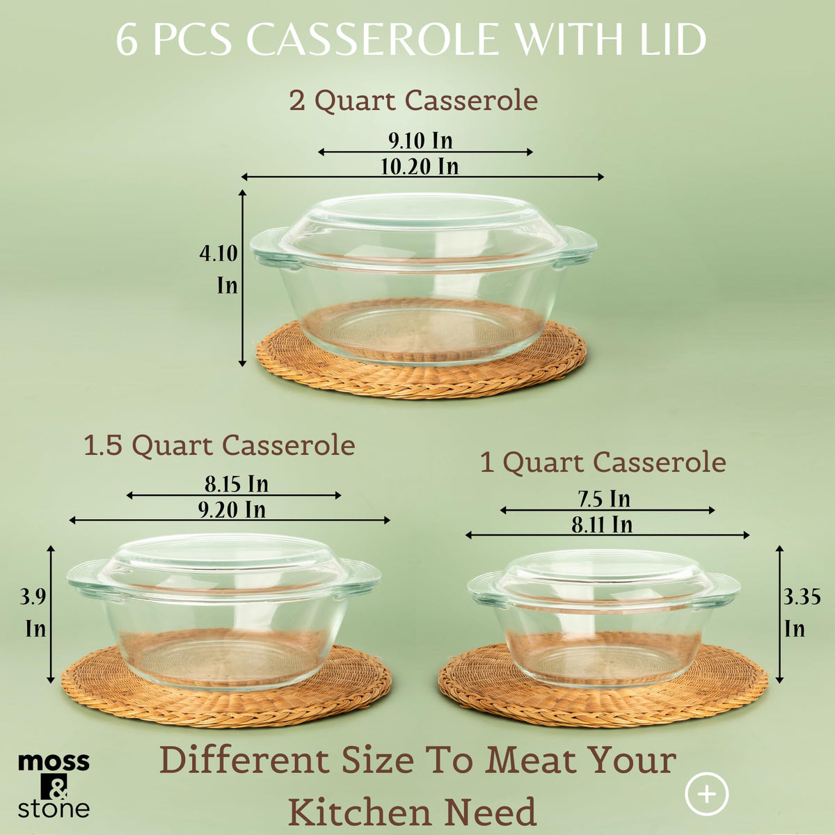 Moss & Stone Glass Casserole Set with Lids, Borosilicate, Clear, 3 Sizes