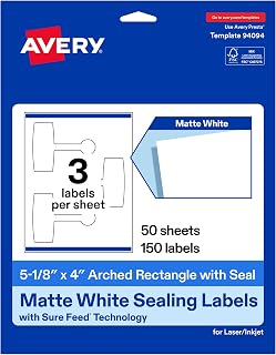 Avery Printable Sealing Labels, 5-1/8" x 4", Matte White Paper, Sure Feed Technology, Print-to-The-Edge Capability, Laser/Inkjet Printer Compatible, 150 Total