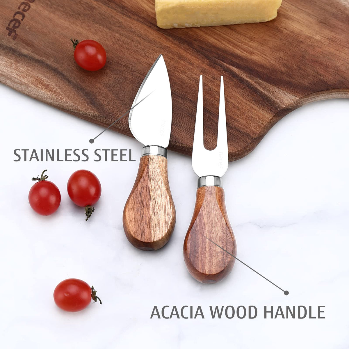 Hecef Acacia Wood Cheese Board Set, 12 x 8.7 Inches, With 2 Knives