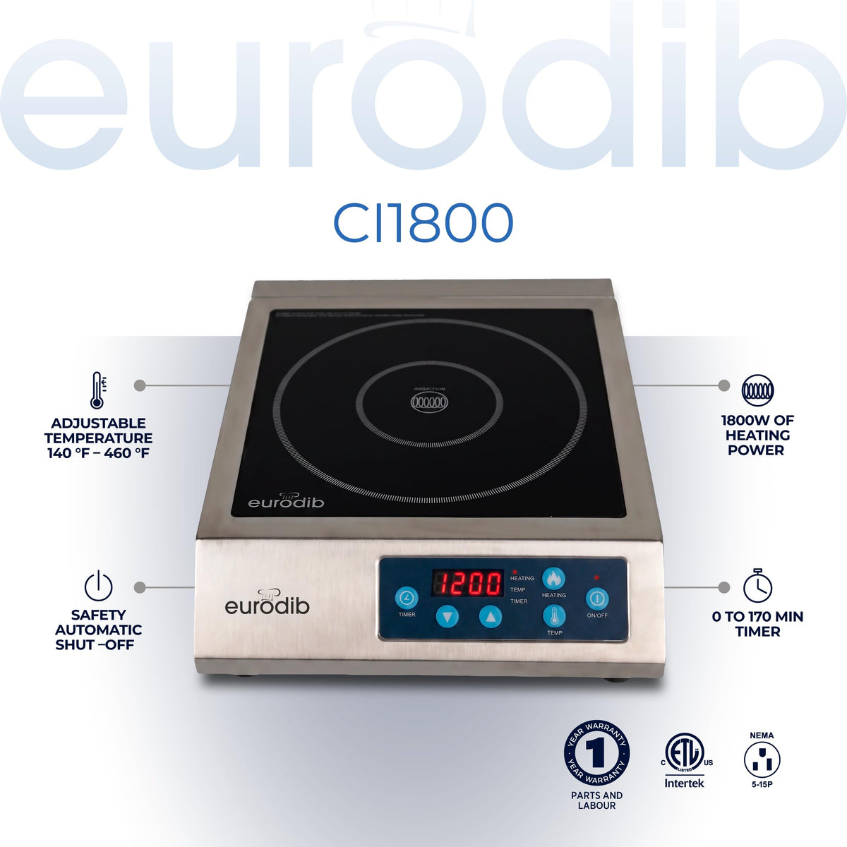 Commercial Induction Cooktop by Eurodib – Stainless Steel, Silver, Model CI1800