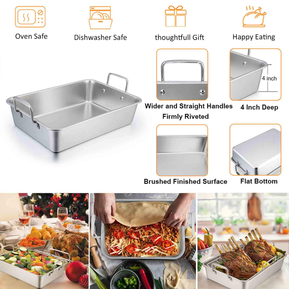 TeamFar Stainless Steel Roasting Pan with Rack, 16 Inch Large, Silver