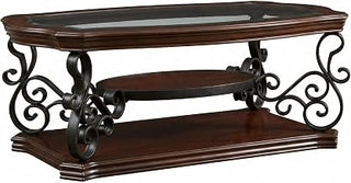Furnifact Deep Merlot Rectangular Coffee Table with Glass Top and 1-Shelf Storage Traditional Style Dark Wood Finish for Living Room or Office Use