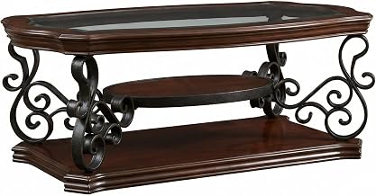 Furnifact Deep Merlot Rectangular Coffee Table with Glass Top and 1-Shelf Storage Traditional Style Dark Wood Finish for Living Room or Office Use