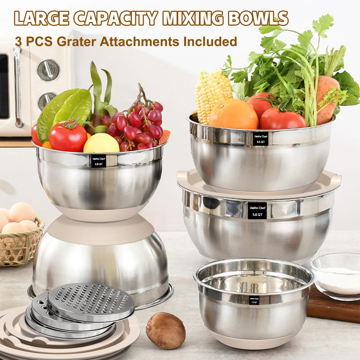 Umite Chef Nesting Mixing Bowls, Stainless Steel with Lids and Graters, 5 Piece Set in Khaki