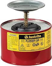 Justrite Plunger Can for Solvents, 2 Quarts Capacity, Made in the USA, Red | 7.4" x 7.25", Solvent Dispenser Can, Galvanized Steel, Flame Arrester Screen, FM Approved