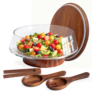 Airsent Glass Serving Bowl with Lid, 5-Quart Capacity, Clear with Wood Base