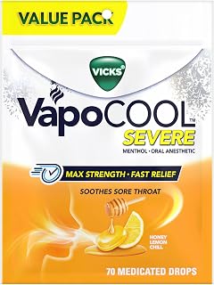 VapoCOOL Severe Medicated Sore Throat Drops, Fast-Acting Max Strength Relief, Soothes Sore Throat Caused by Cough, Powerful Vicks Vapors, Menthol, Honey Lemon Chill, 70 Count