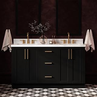 ARIEL Loren 60-inch Bathroom Vanity with Sink,Solid Wood, 1.5-inch Italian Carrara Marble Countertop, Double Rectangular Porcelain Sink, 4 Soft Closing Doors, 3 Dovetail Drawers, Black