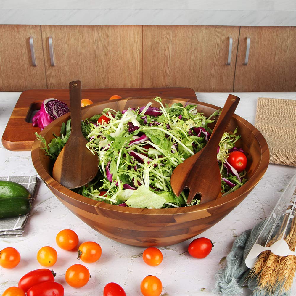 Aidea Wooden Salad Bowl Set, 12.5 Inch Acacia Wood, with Servers, Brown