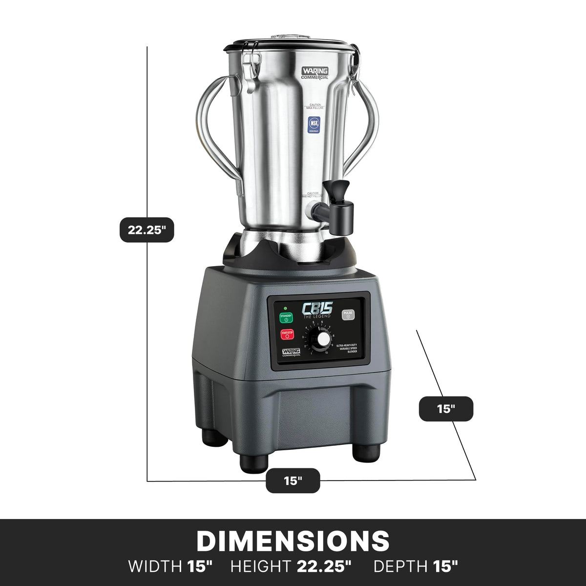 One-Gallon Food Blender with Variable Speed & Spigot by Waring – 1-Gallon, 128.0 ounces, Stainless Steel Jar, Black, Model CB15VSF