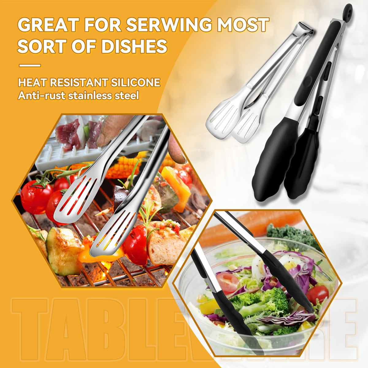 LifeMusican Serving Utensils Set, Large Stainless Steel, Silver 15 Pieces