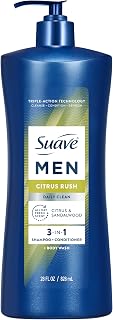 Suave Men Citrus Rush Daily Clean 3 in 1 Shampoo, Conditioner & Body Wash with Glycerin & Keratin Hydrates & Smooths Hair, Citrus Scent, 28 FL OZ Pump
