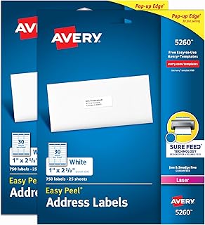 Avery Easy Peel® Printable Address Labels, Sure Feed® Technology, 1" x 2-5/8" Customizable Stickers, White, 1,500 Blank Mailing Labels, Great for Mailing, Shipping, and More (2-Pack of 5260)