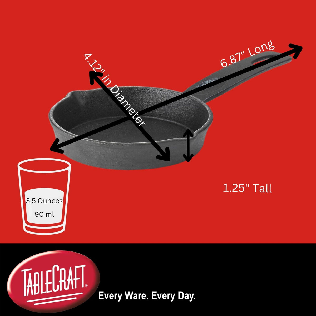 Products Cast Iron Mini Round Skillet 3⅝" Dia (6⅞" with Handle) x 1¼" D by Tablecraft – 4 Inch | 90 ml, 18.0 ounces, Cast Iron, Black, Model CW30122