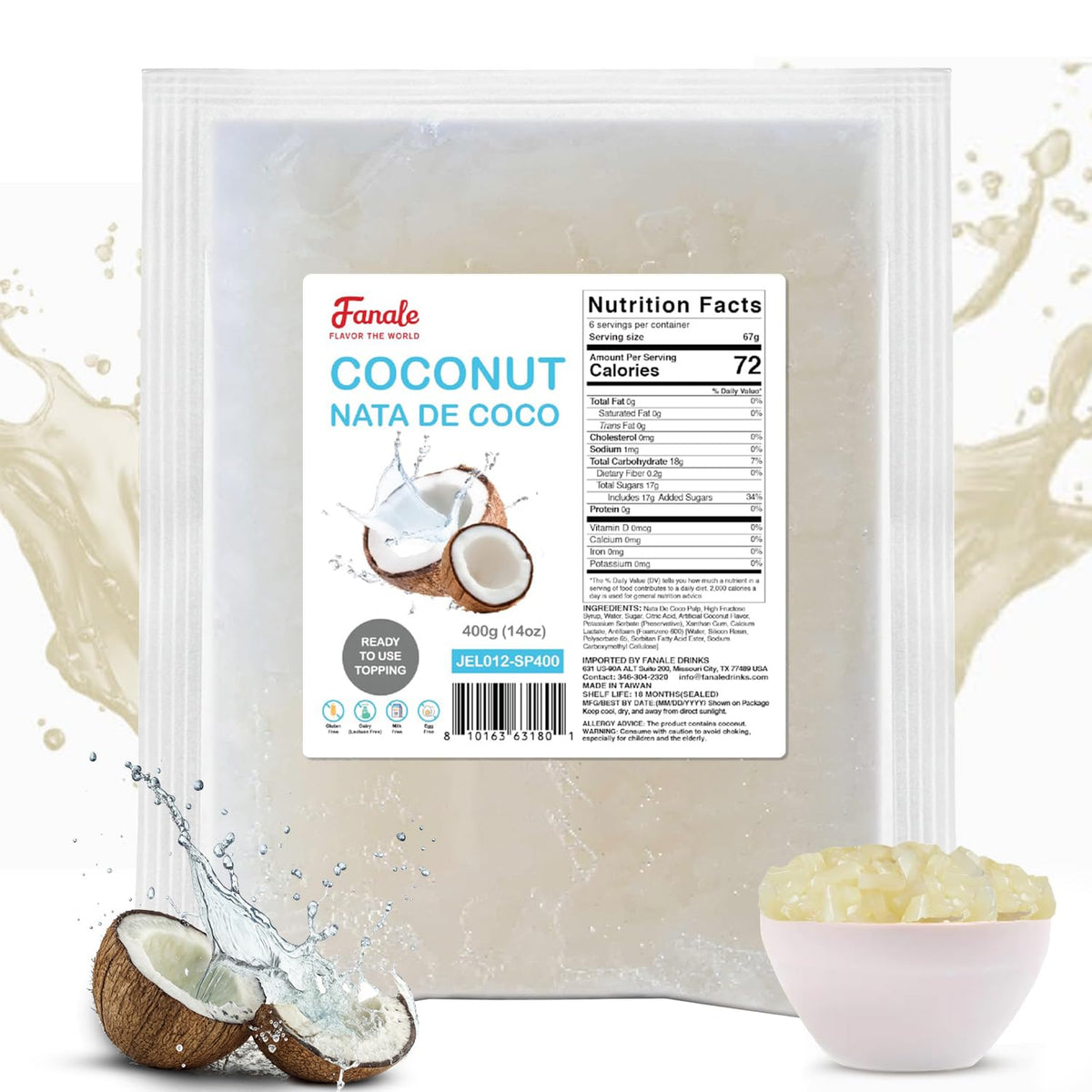 Coconut Jelly Topping nata de coco for Bubble Tea 400 g | Coconut Flavor Jelly | for Boba Tea by Fanale – 400 g (Pack of 1)