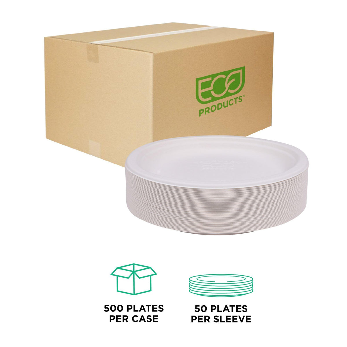 Compostable Vanguard 9" Paper Plates by ECO PRODUCTS – 9", molded fiber, White, Pack of 500, Model EP-P013NFA
