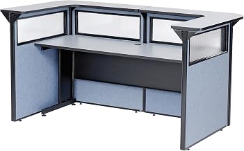 Global Industrial 88" W x 44" D x 44" H U-Shaped Reception Station with Window, Gray Counter/Blue Panel