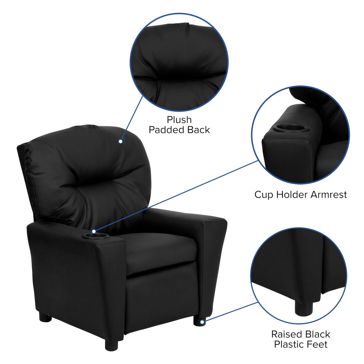 Chandler LeatherSoft Kids Recliner with Cup Holder and Safety Recline by Flash Furniture – 25" - 39"D x 24.5"W x 28"H, Model BT-7950-KID-BK-LEA-GG