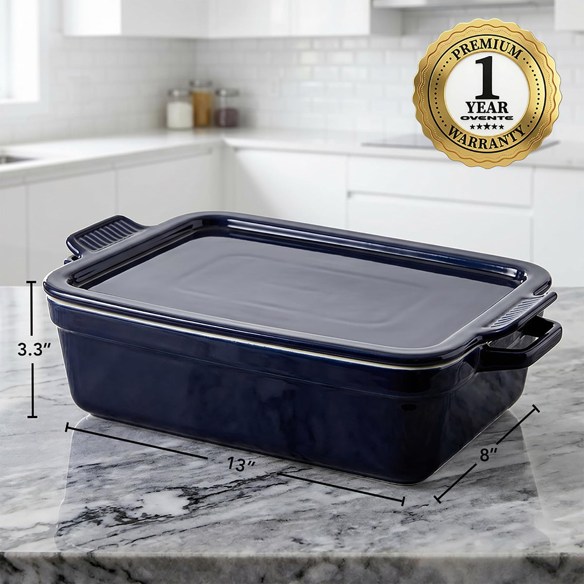 Ovente Ceramic Baking Dish with Lid, 3 Quart, Blue