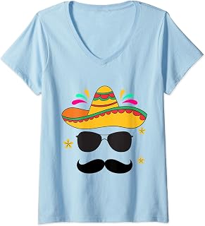 Womens Mariachi Hat and glasses Mexican Fiesta Cinco de Mayo Mousta V-Neck T-Shirt