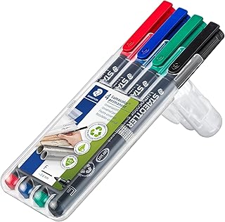 STAEDTLER 318-WP4 Lumocolor Permanent Universal Pens, Fine Point, 0.6mm, Assorted, 4 per Set, Black, Blue, Green, Red