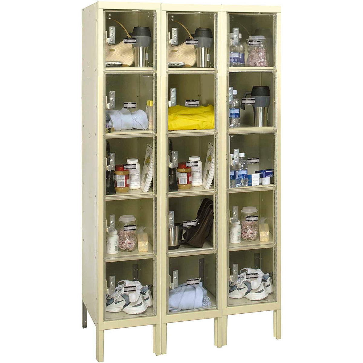 Global Industrial 5-Tier 15 Door Clear View Locker – 36" W x 18" D x 66" H, Tan, Assembled