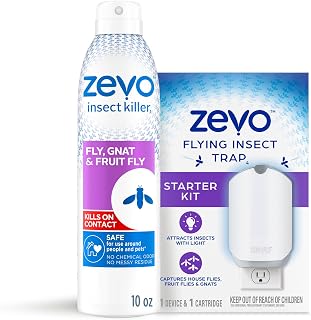 ZEVO Flying Insect Spray & Trap Bundle, 1 Bottle + 1 Base + 1 Cartridge | Kills Flies, Fruit Flies, Gnats, & Mosquitoes, Includes Flying Insect Trap, Aerosol Spray + Plug-In Device