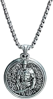 Men's Silver Plated K-114 Stainless Kromix Necklace Spartan Leonidas Medallion Pendant 60+2 in Chain - White, 60