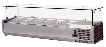 Commercial Restaurant 47" Refrigerated Topping Rails Sneeze Guard by Omcan – 47.25 inch wide x 15.5 inch deep x 17 inch high, Clear and silver, Model 40535