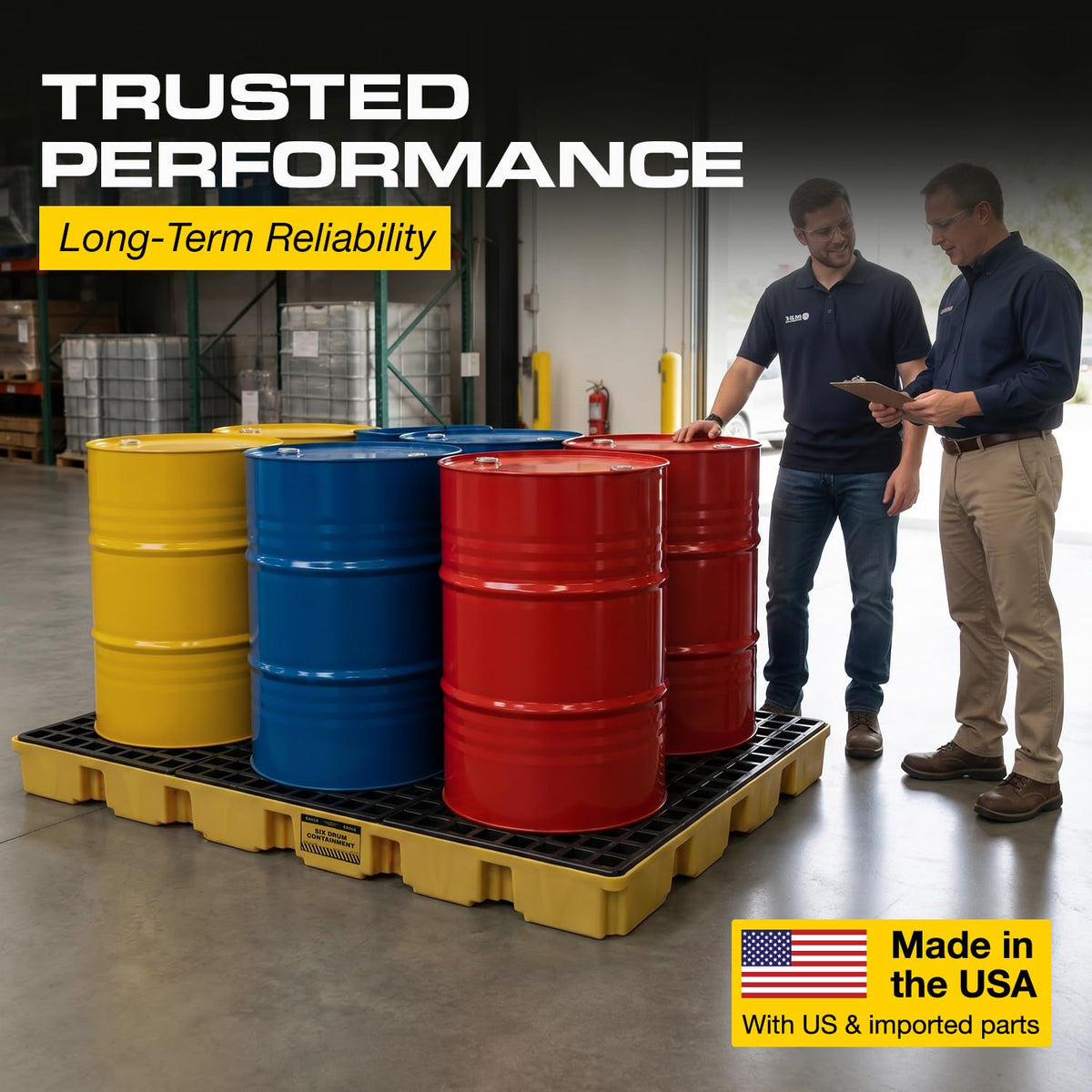 6 Drum Spill Containment Pallet with Forklift Pockets by Eagle – 6 Drum, Plastic, Yellow, Model 1686
