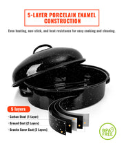 MCCSI Enamel Roasting Pan with Lid and Rack, 18 Inch Oval, Black Granite