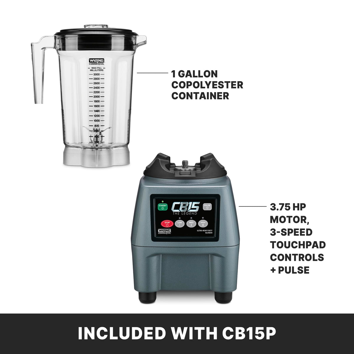 Waring 3 Speeds & Pulse / Copolyester Jar CB15P / One Gallon Countertop Blenders