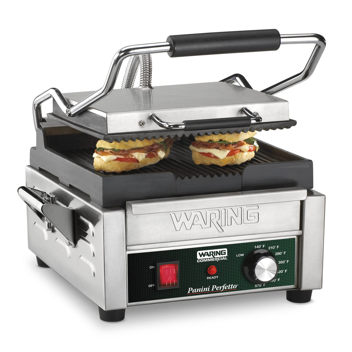 Panini Press with 9.75" x 9.25" Cooking Surface & 120V by Waring – Compact Cooking Surface Machines, Stainless Steel, Silver, Model WPG150