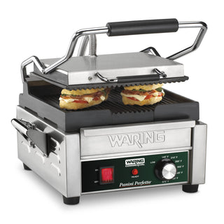 Panini Press with 9.75" x 9.25" Cooking Surface & 120V by Waring – Compact Cooking Surface Machines, Stainless Steel, Silver, Model WPG150