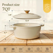 Overmont Cast Iron Dutch Oven, 7 Quart Capacity, Cream White