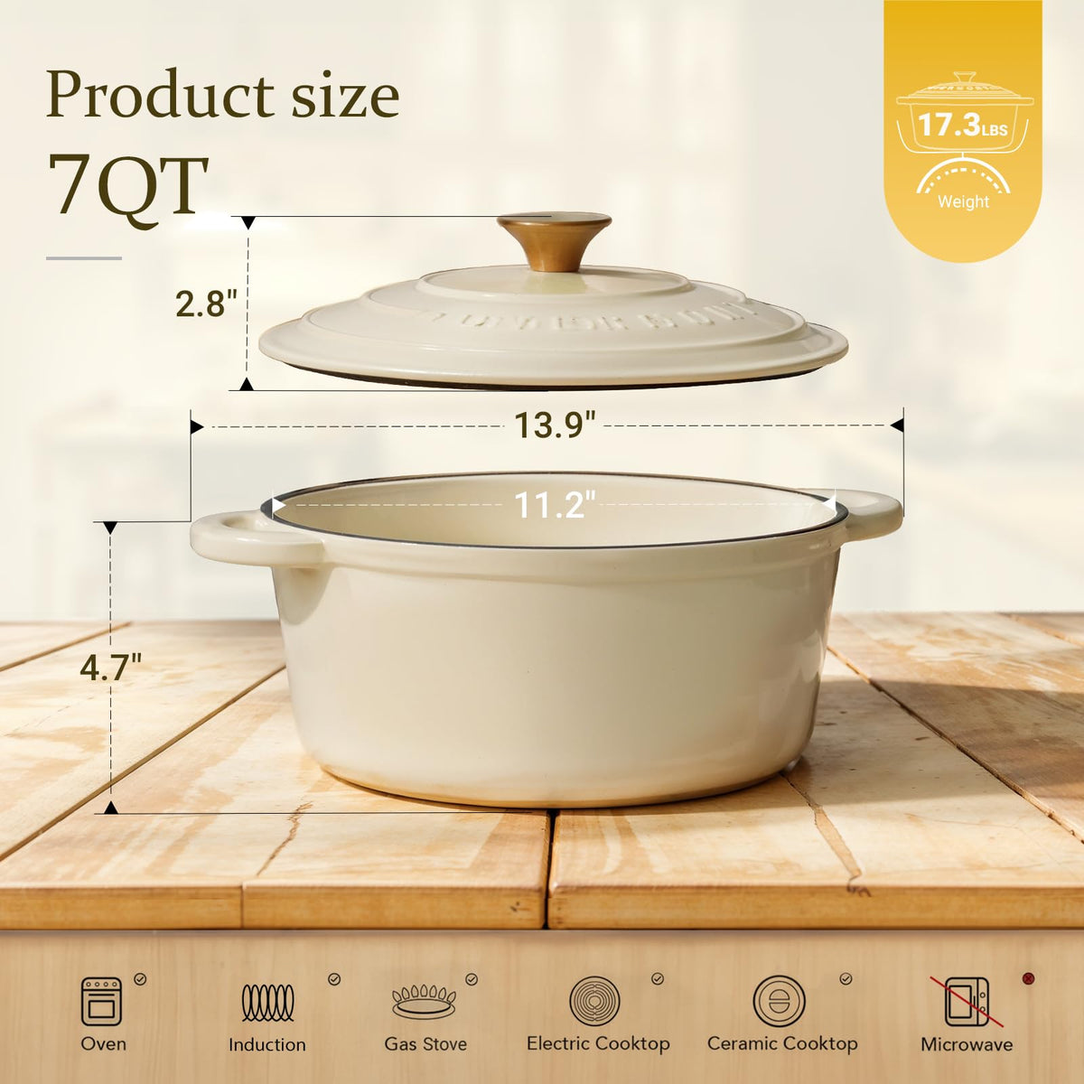 Overmont Cast Iron Dutch Oven, 7 Quart Capacity, Cream White