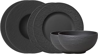 Villeroy & Boch Manufacture Rock Starter 6 pcs, Premium Porcelain Crockery Set, Pasta Dinner Plate, 2X Dish, Black/Grey