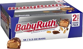 Baby Ruth Candy Bar with Chocolatey Caramel, Peanuts, and Nougat, 2 Piece Share Pack, 3.3 oz, Bulk 18 Pack